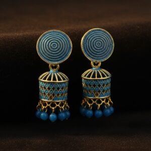 Jhumka Blue Gold Red Beaded Earrings
