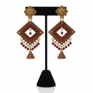 Jhumka Diamond-Shaped Red Beaded Earrings