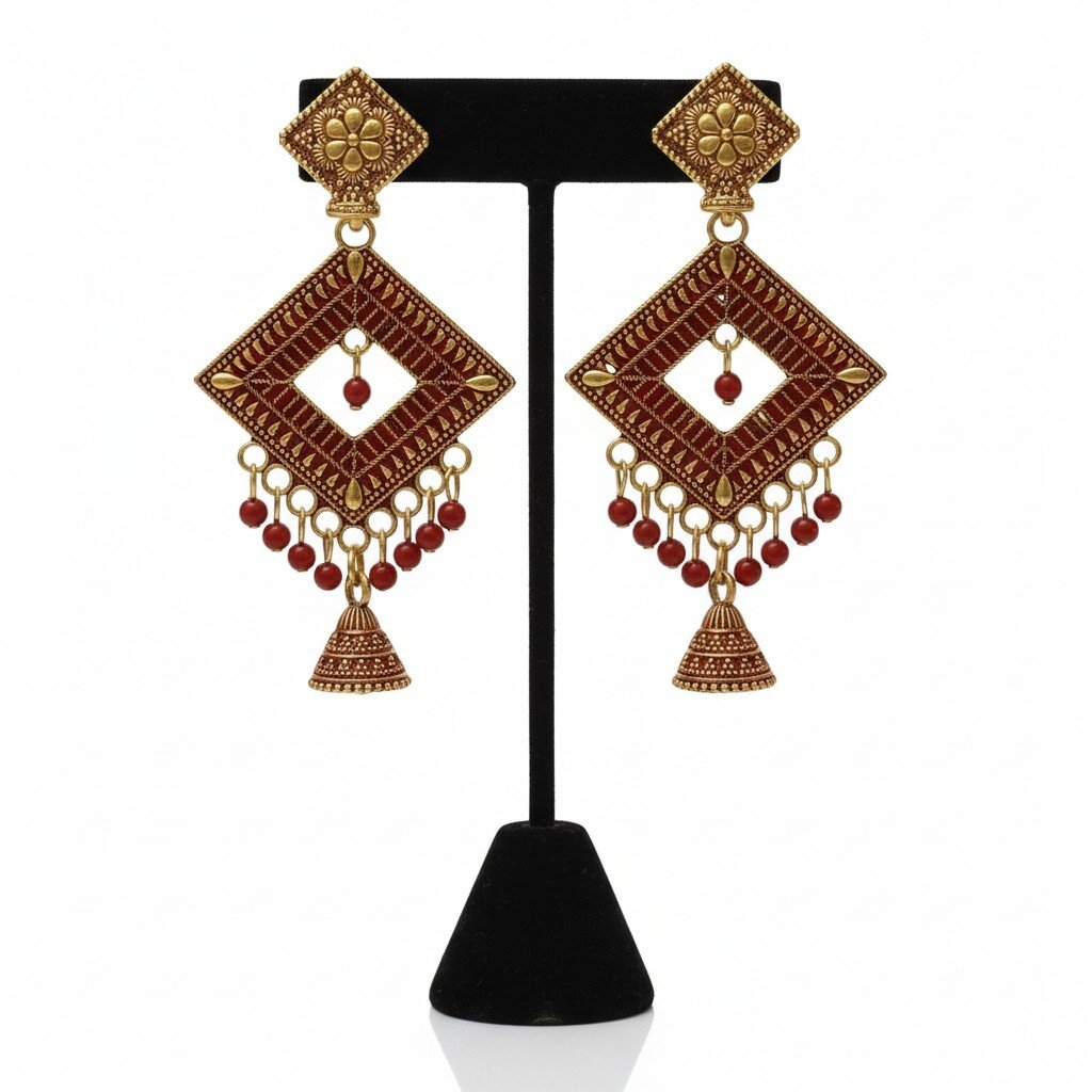 Jhumka Diamond-Shaped Red Beaded Earrings