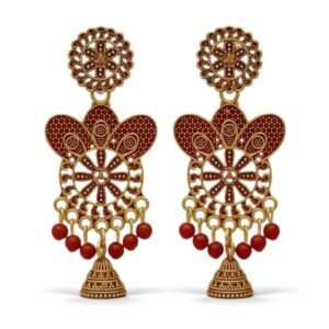 Jhumka Earring Red Beaded & Gold Green Drop Earrings