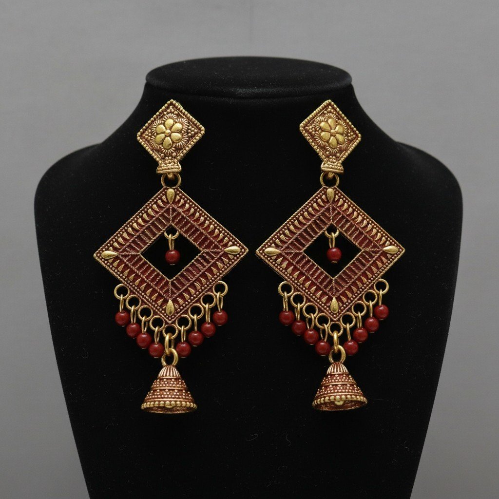 Jhumka Diamond-Shaped Red Beaded Earrings - Image 3