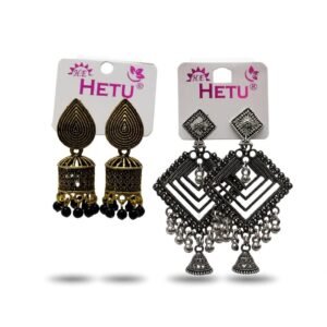 black bead drops and oxidized silver geometric chandbali